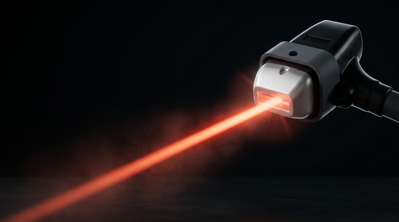 Atticus diode laser handpiece firing a precision red treatment beam against a dark studio backdrop